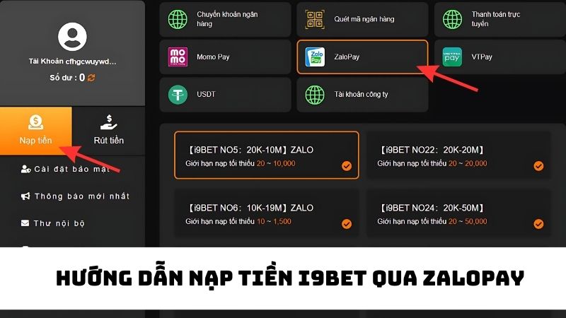 Thực hiện 3 bước nạp tiền i9bet qua Zalo pay